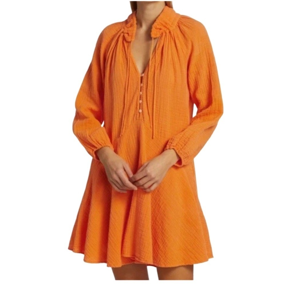 Magaschoni Organic Cotton Gauze Lola Dress Orange Coral High Neck Tiered Sz S